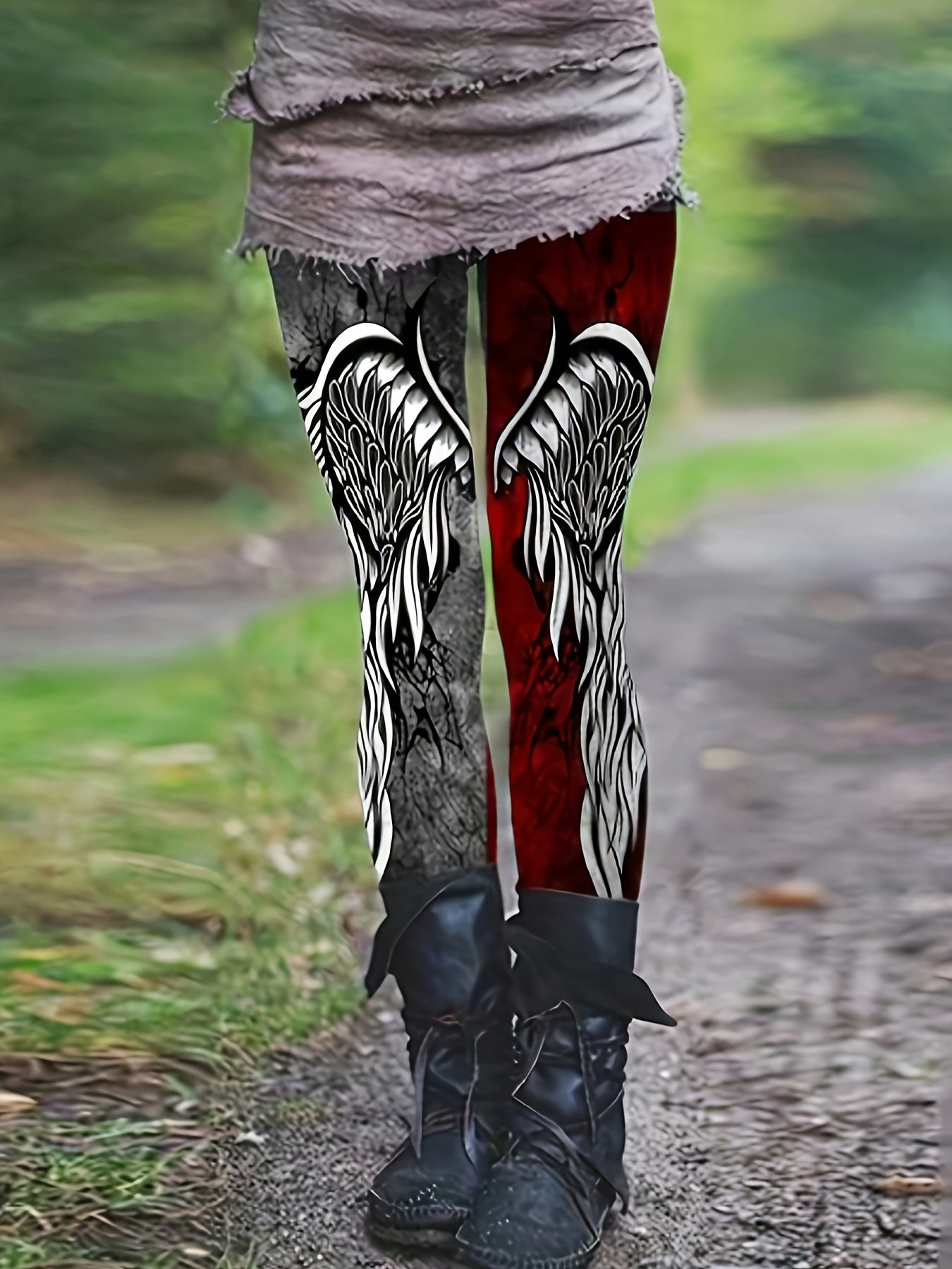  Goth Pants Women's Plus Colorblock Wing Print Elastic High Rise