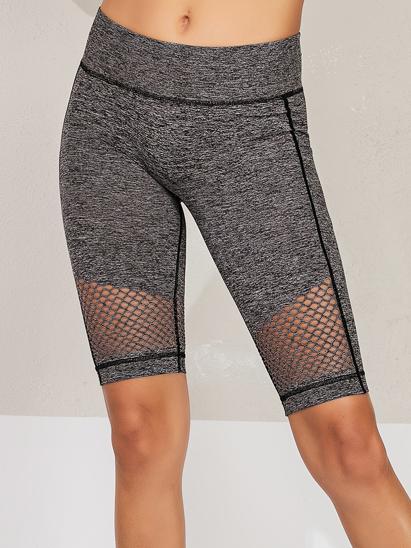 Women's Gray Mesh Hollow Yoga Shorts High Waist Quick Dry & Stretch Knee Length