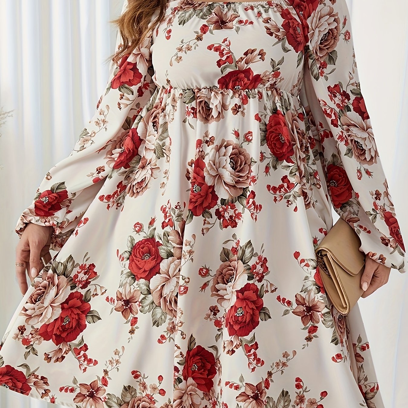  Floral Print Lantern Sleeve Square Neck Dress