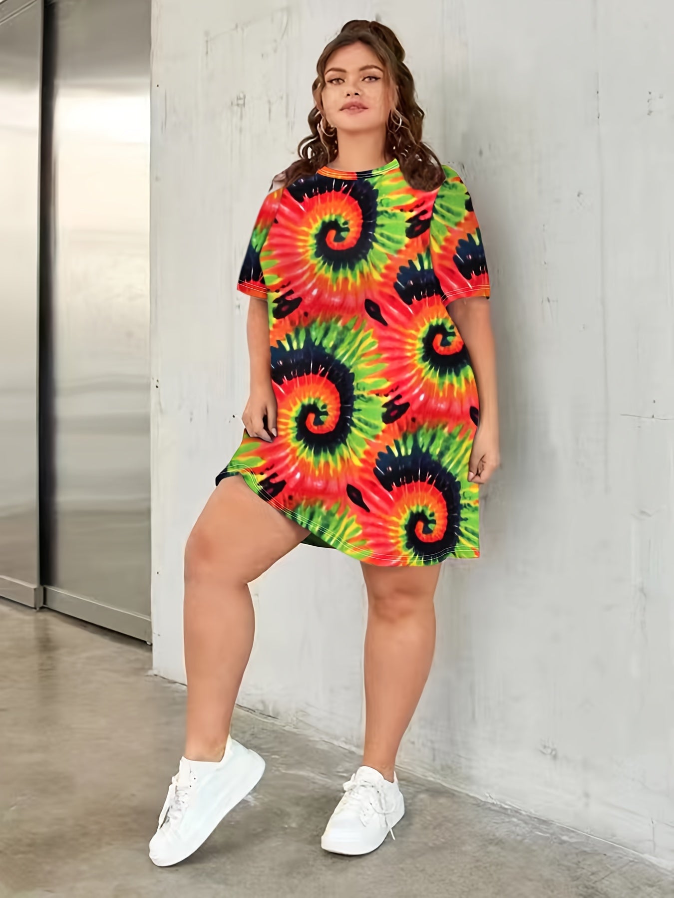  Ombre Tie Dye Geo Print Short Sleeve Comfort Home Wear Dress