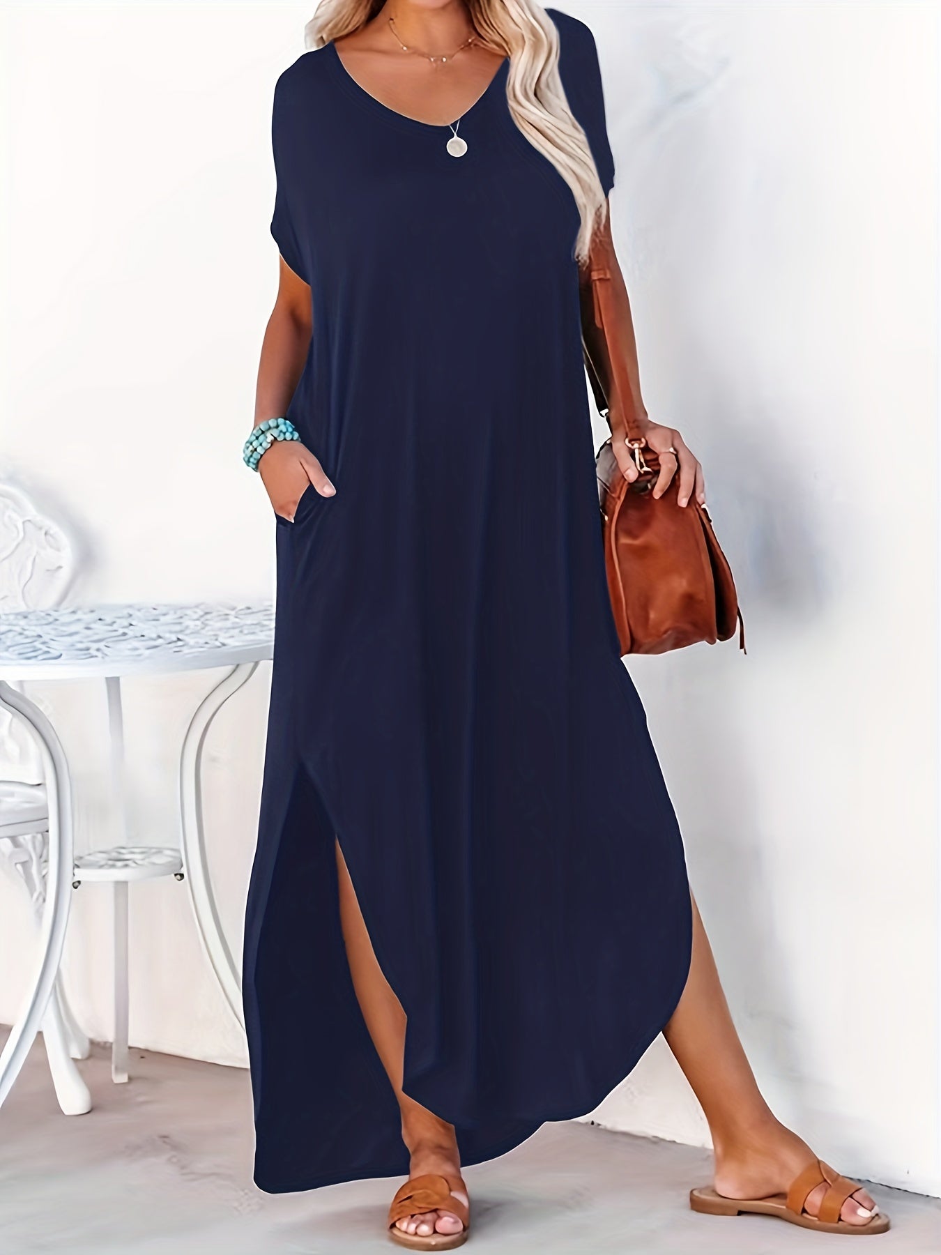 Short Sleeve Maxi Dress Crew Neck Side Slit Casual Dress Summer Spring
