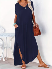 Short Sleeve Maxi Dress Crew Neck Side Slit Casual Dress Summer Spring