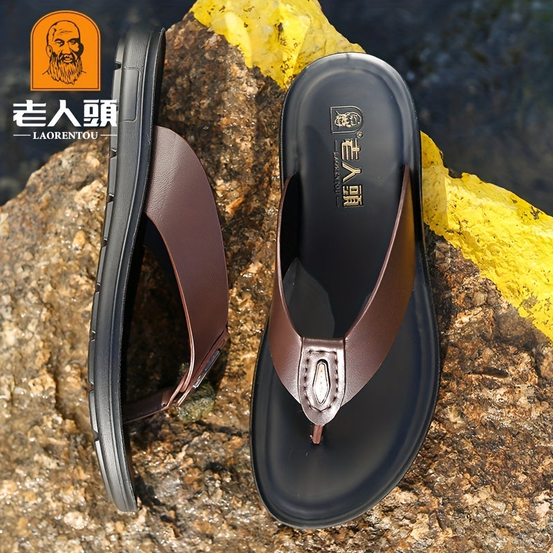 LAORENTOU Men's Leather Flip Flops Arch Support Non Slip Thong Sandals