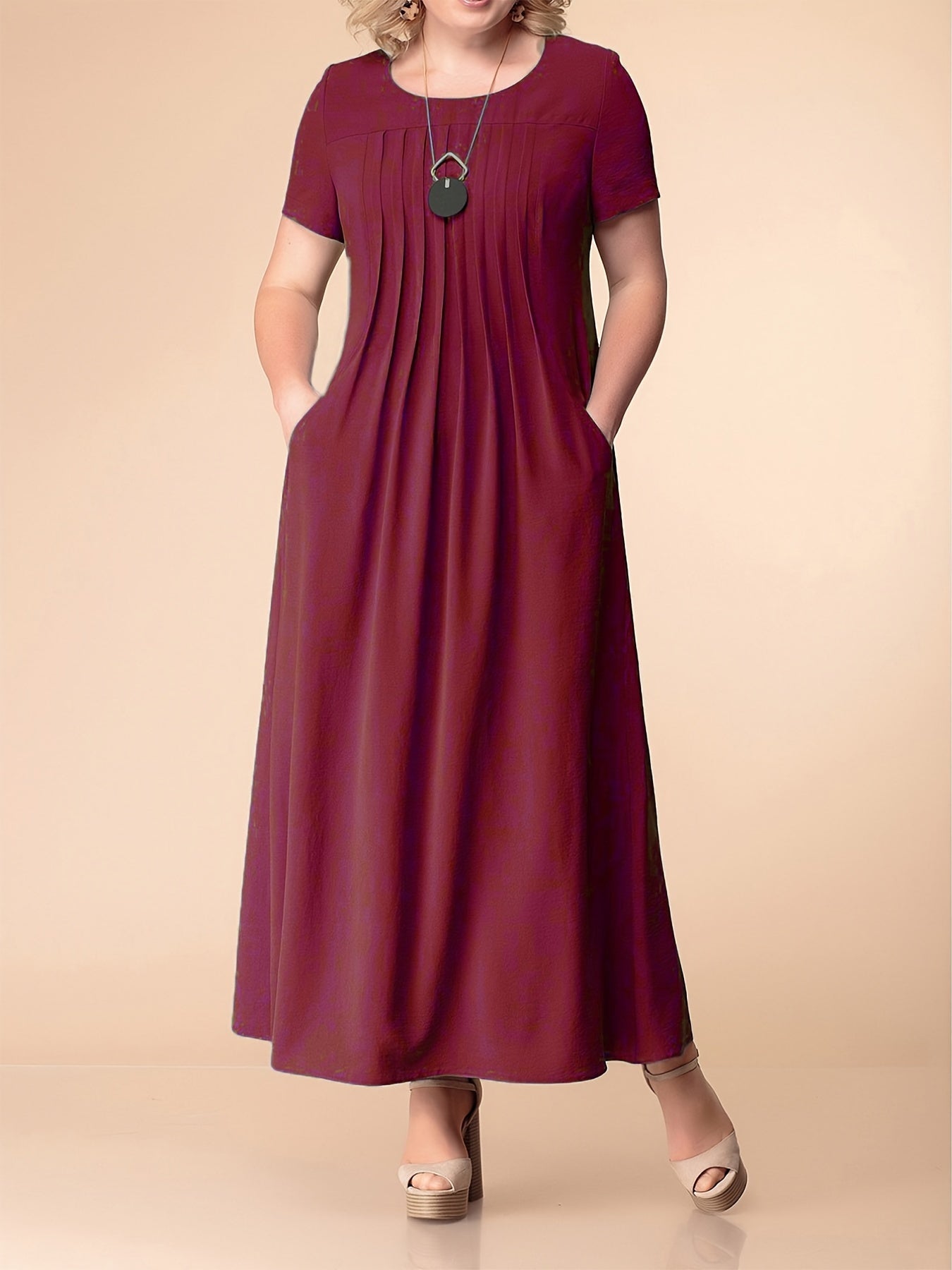 Maxi Dress Women's Short Sleeve Round Neck Dress With Pockets