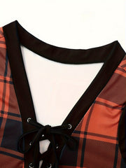  Plaid Print Raglan Sleeve Lace Up V Neck Top