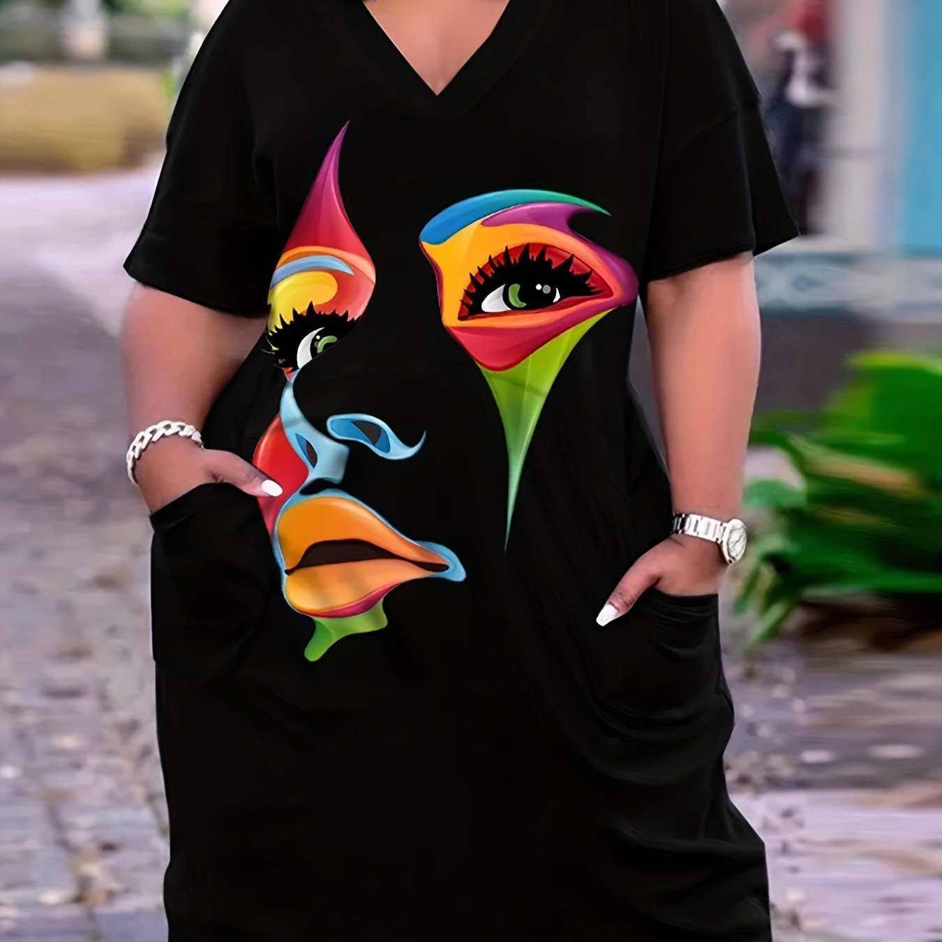  Abstract Print Short Sleeve V Neck Dress With Pockets