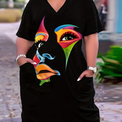  Abstract Print Short Sleeve V Neck Dress With Pockets