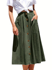  Solid Button Pleated Maxi Skirt With Pockets