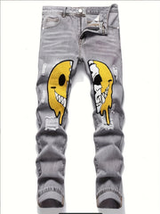 Smiling Face Regular Fit Jeans Men's Distressed Denim Pants