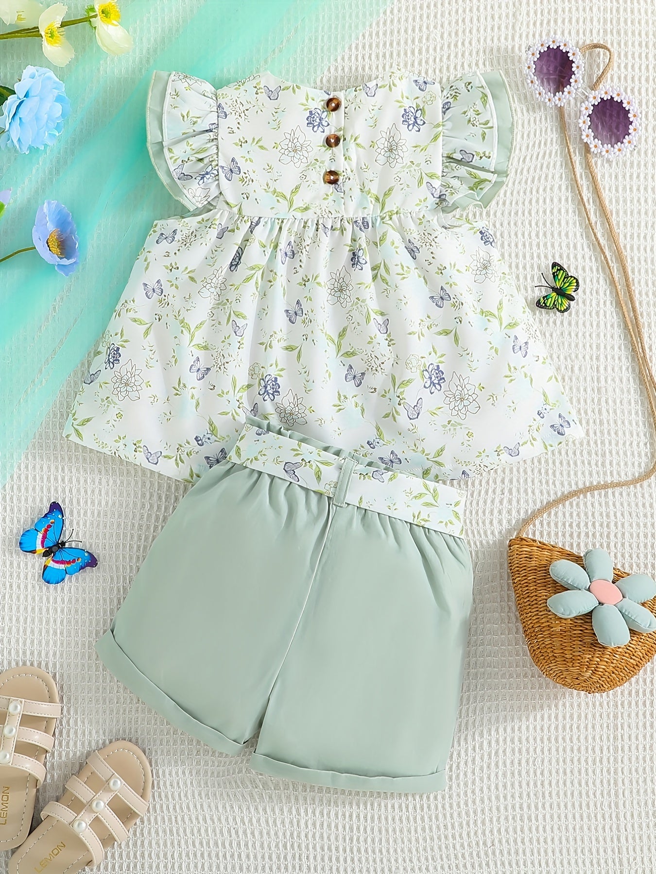Girls Ruffled Sleeves Floral Blouse Top & Shorts Set