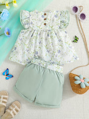 Girls Ruffled Sleeves Floral Blouse Top & Shorts Set