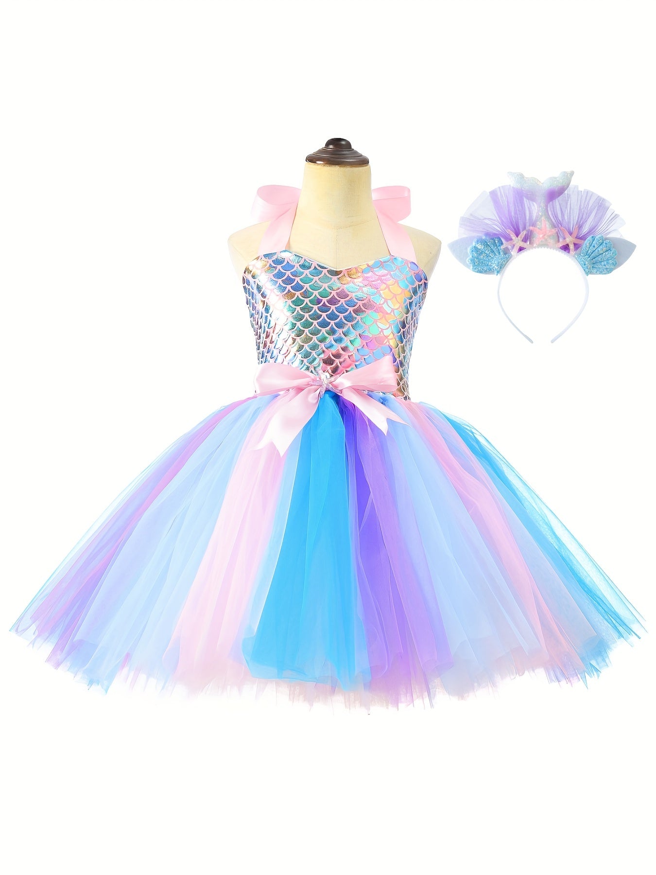 Mermaid Cosplay Costume & Headband 2pcs Toddler Girl's Halter Neck Mesh Dress