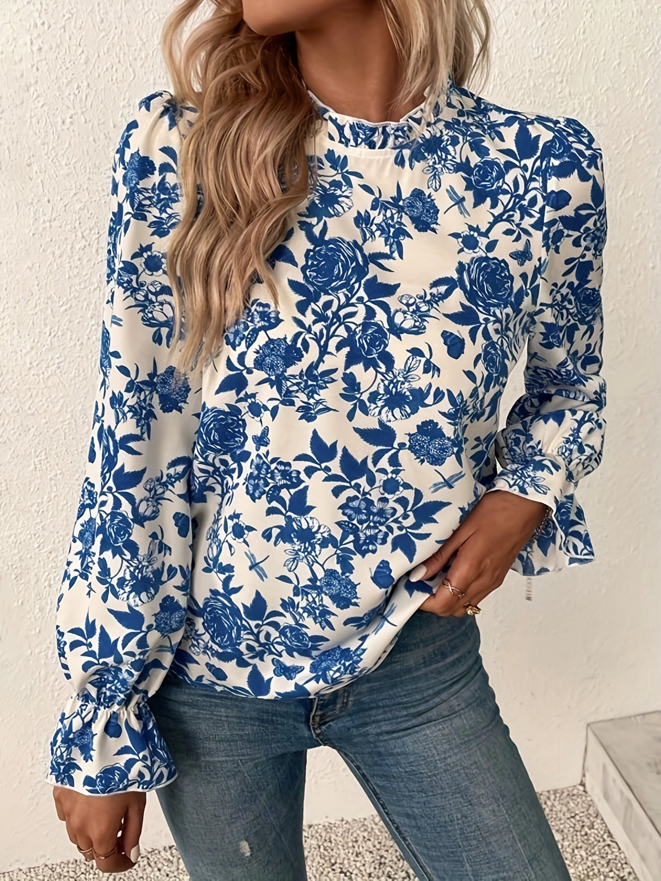 Floral Print Ruffle Sleeve Mock Neck Blouse
