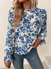  Floral Print Ruffle Sleeve Mock Neck Blouse