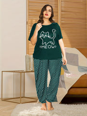  Cat Print Short Sleeve T-shirt & Dot Print Pants Pajama Set