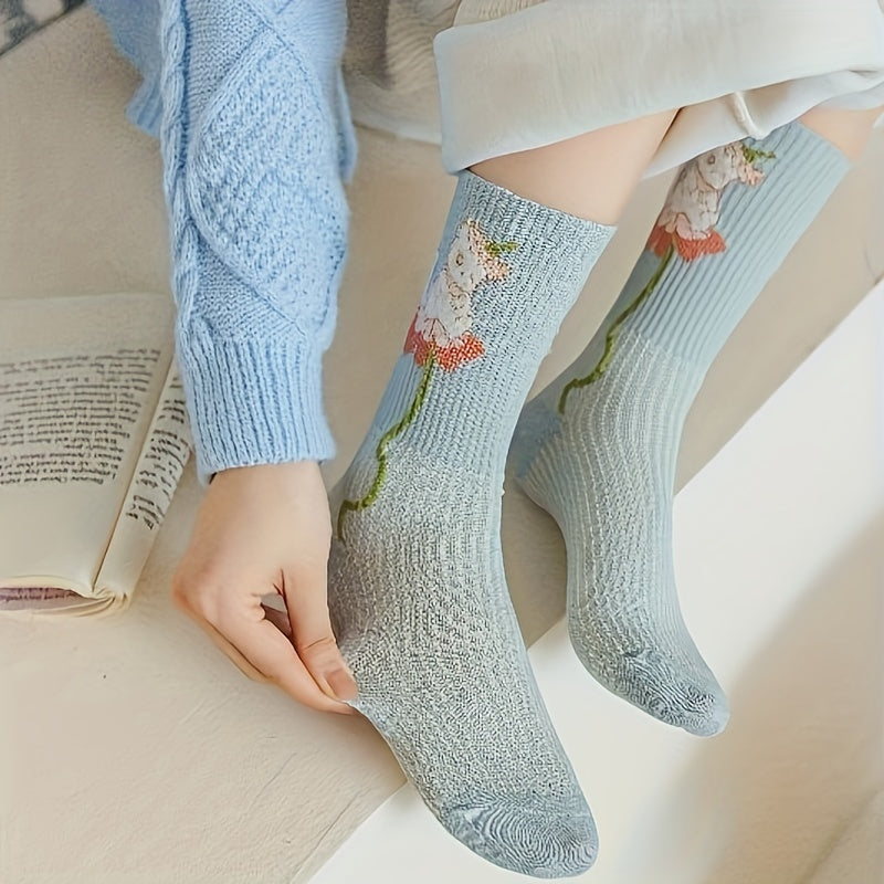 5 Pairs Floral Print Socks Comfy & Breathable Mid Tube Women's Stockings