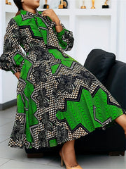  Colorblock Geometric Print Lantern Sleeve Midi Dress