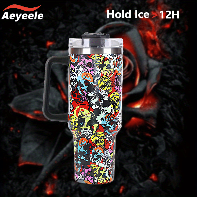 Aeyeele 40oz Skull Series Water Bottle Tumbler With Lid And Straw
