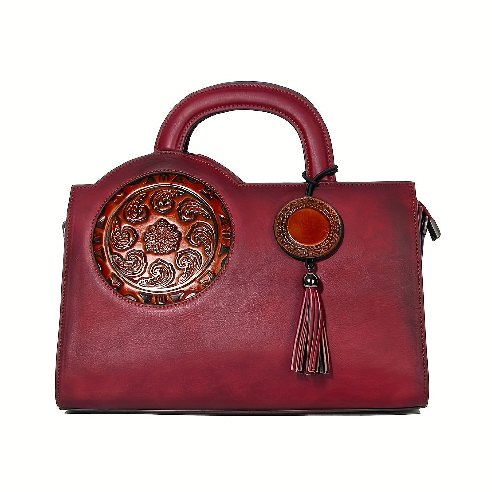Leather Floral Tote Bag Soft Light Brown Shoulder Satchel