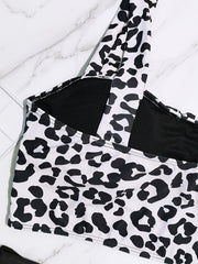  Leopard Print Ruched Bra & Solid High Rise Panty Swimsuit Set