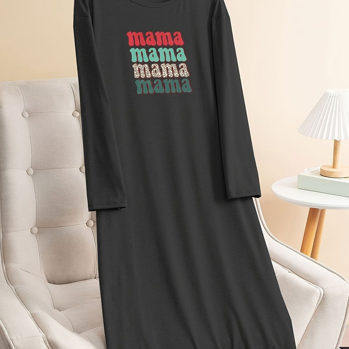  Colorful Letter Print Loungewear Dress Long Sleeve Nightdress