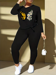 Butterfly & Floral Print Top & Leggings Set