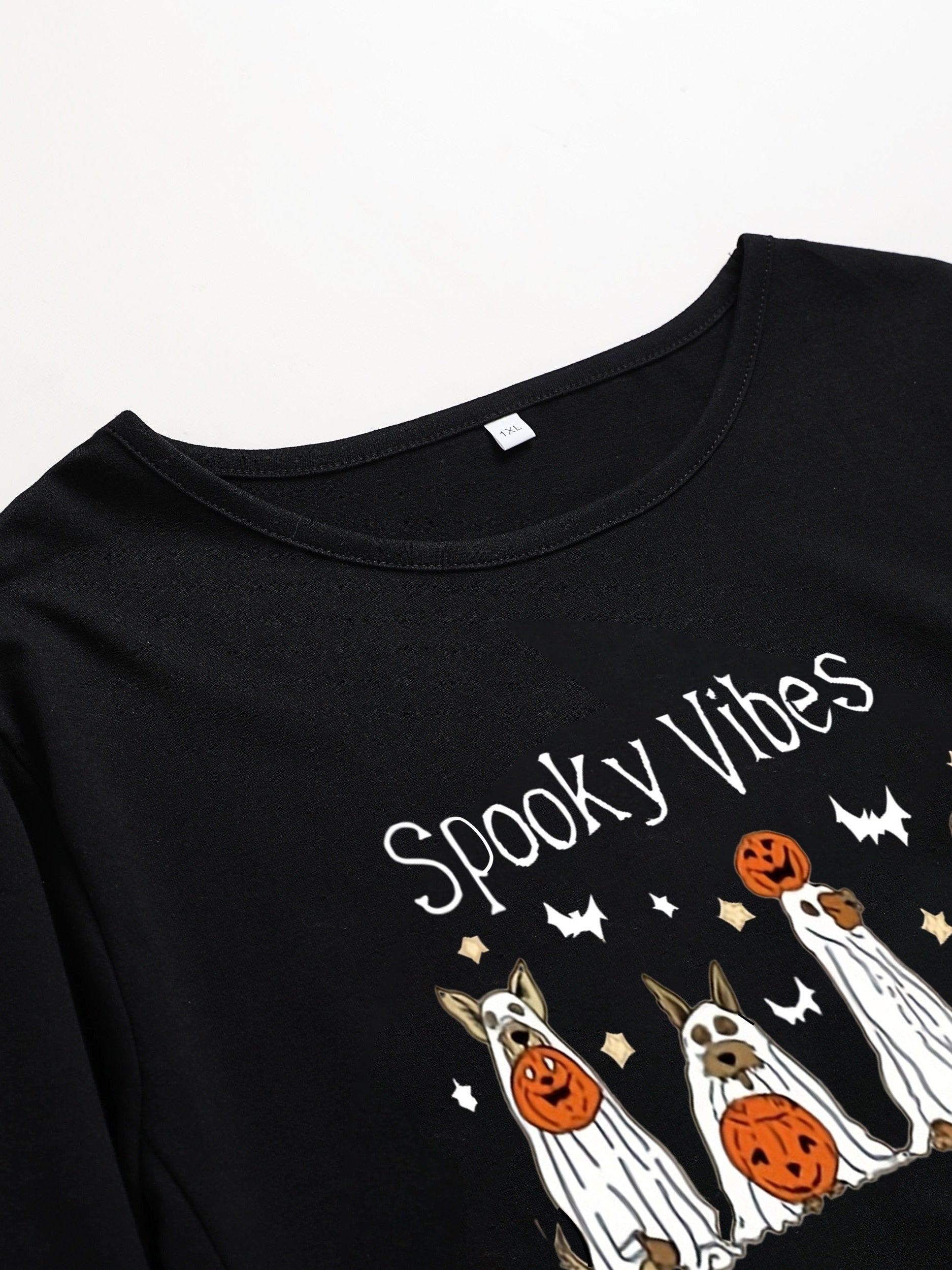  Halloween Dress Women's Plus Ghost Print Long Sleeve Round Neck Dress