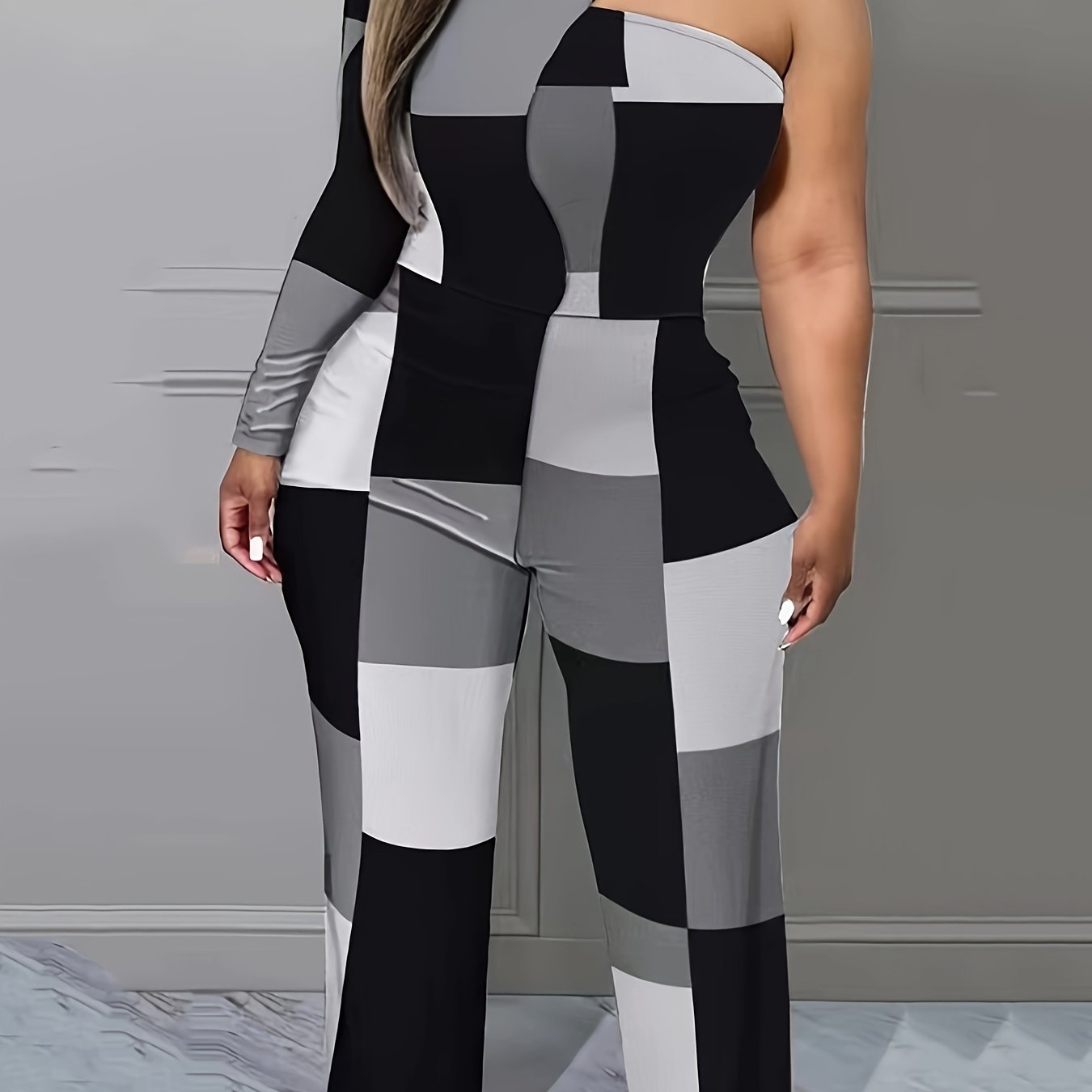  Colorblock Grid Print Jumpsuit