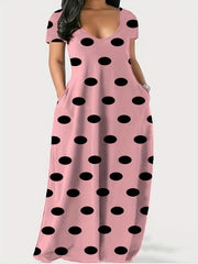  Polka Dot Print Short Sleeve Maxi Dress With Pockets