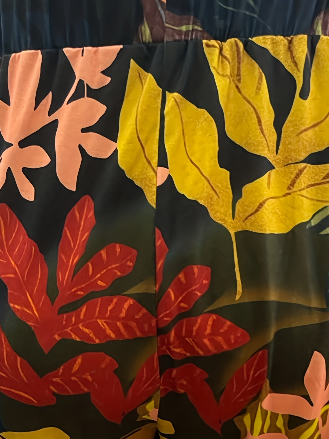  Leaf Print Elastic High Rise Pants