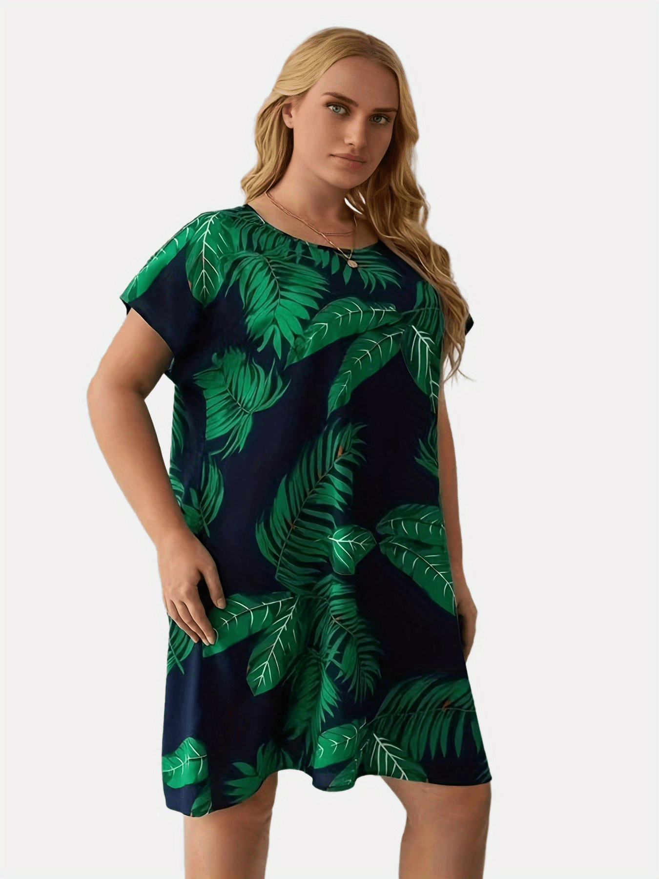  Leaf Print Short Sleeve Loungewear Dress