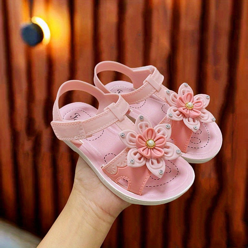 Girls Flower Open Toe Hook And Loop Sandals Non Slip Princess Shoes For Kids