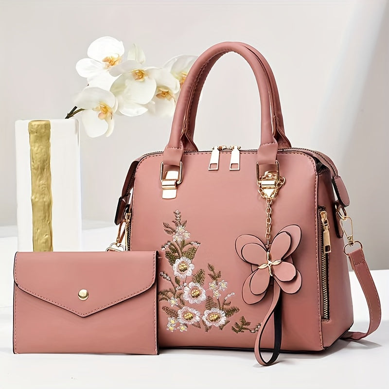 Women's Floral Embroidered Handbag Set with Clutch