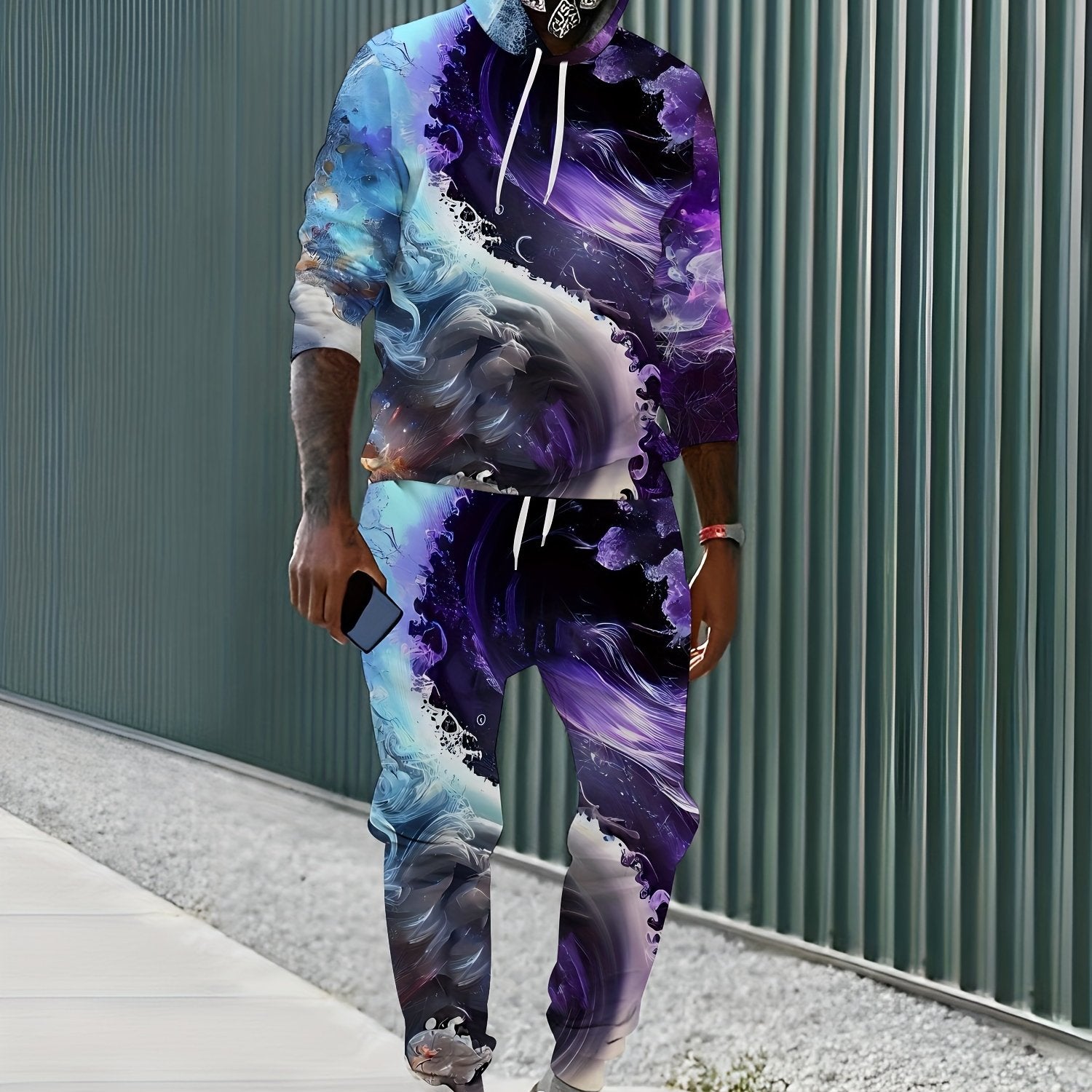 Sea Wave 3d Print Men's 2pcs Hoodie & Sweatpants Set for Autumn Winter