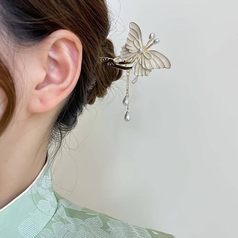 Chinese Vintage Butterfly Tassel Faux Pearl Hairpin Hanfu Antique Metal