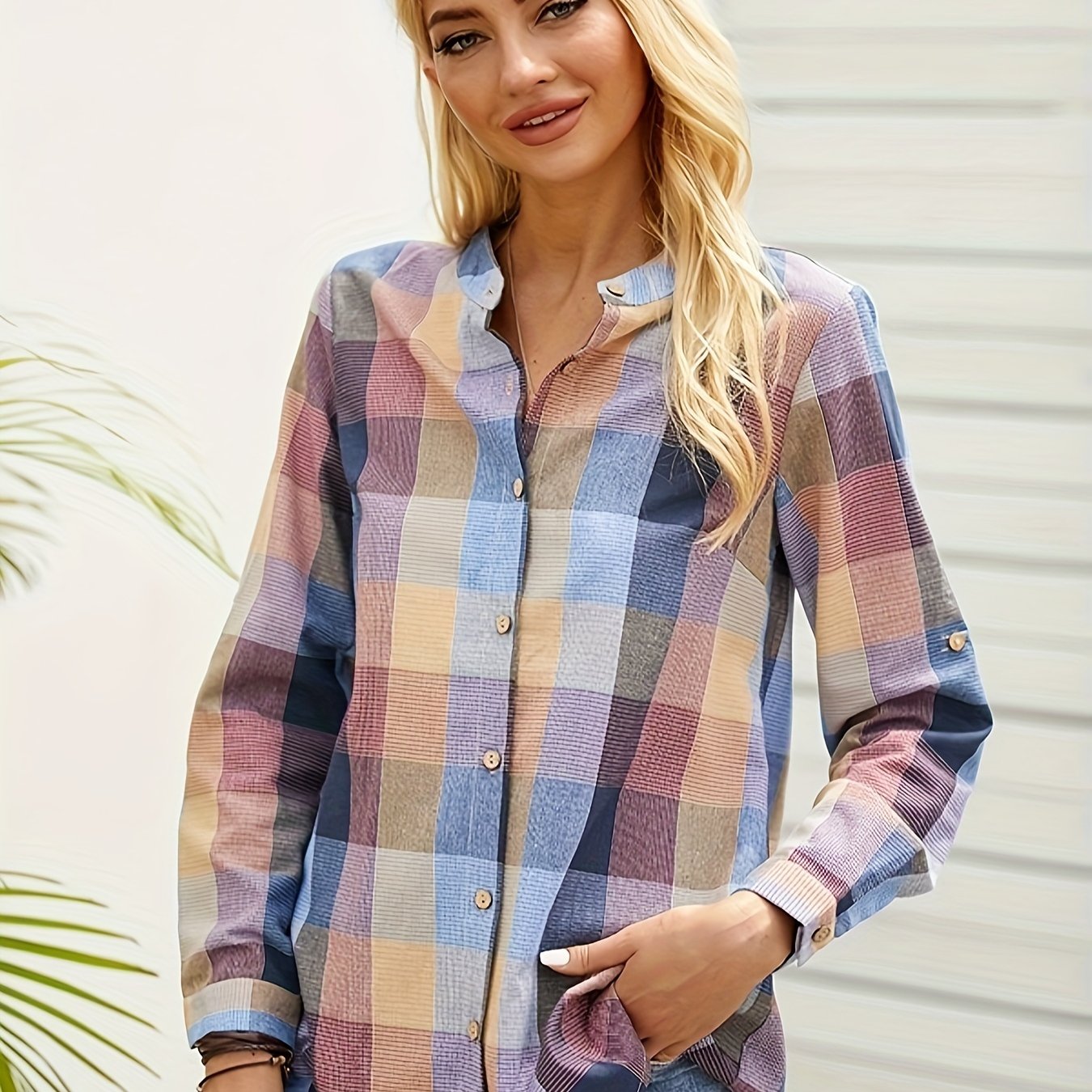  Colorblock Grid Button Up Blouse Long Sleeve Round Neck
