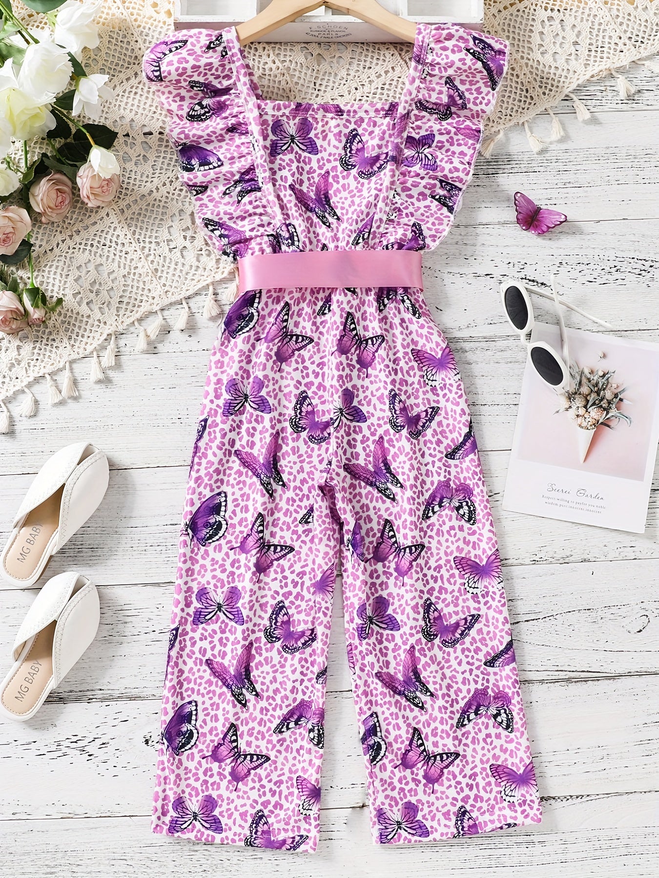 Butterfly Print Ruffle Sleeve Rompers for Kids