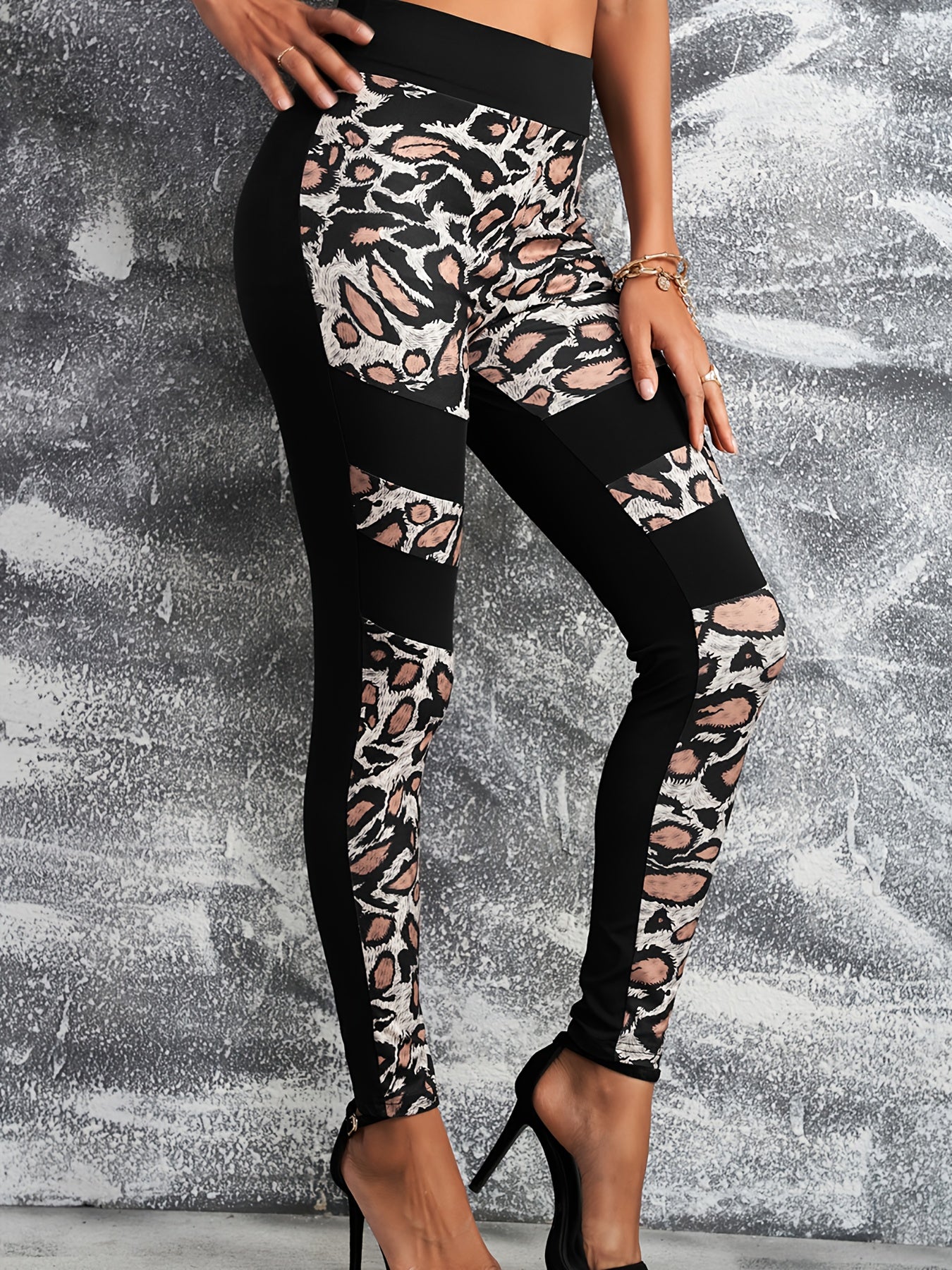 Leopard Print Panel Leggings High Waist Slim Skinny Leggings
