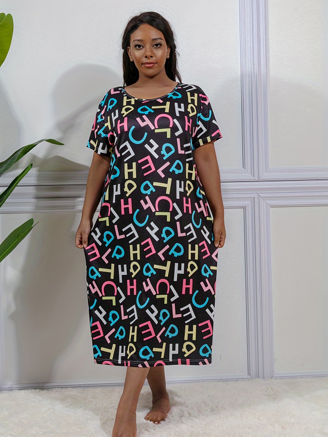  Casual Loungewear Dress Colorful Letter Print Short Sleeve Nightdress