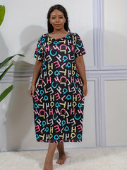  Casual Loungewear Dress Colorful Letter Print Short Sleeve Nightdress