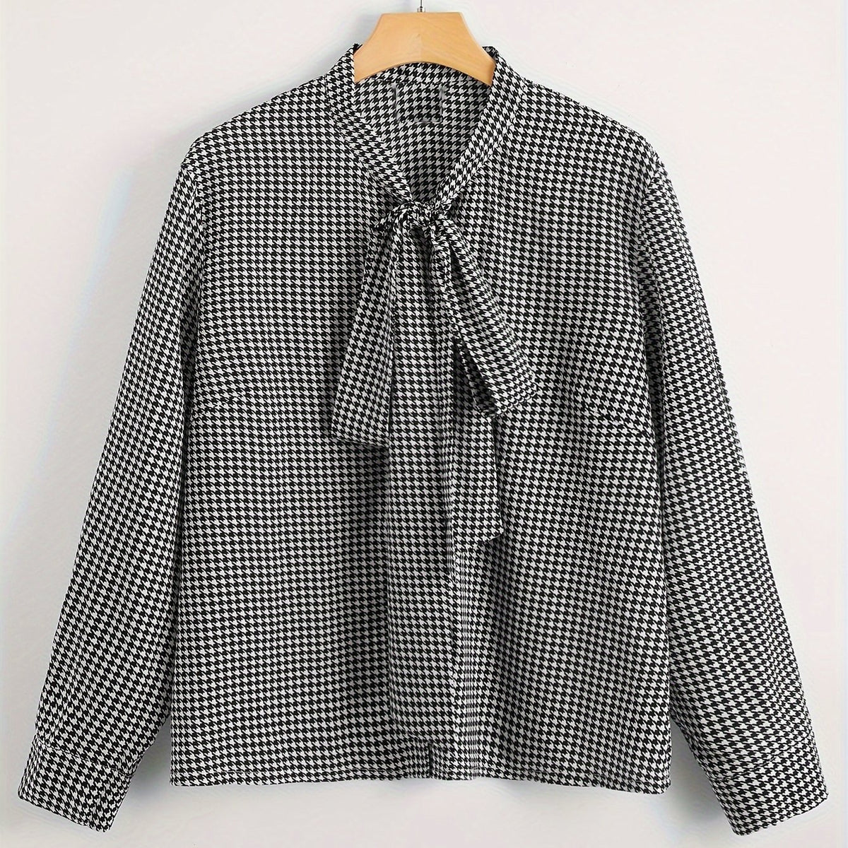  Houndstooth Print Bow Knot Blouse Long Sleeve Top