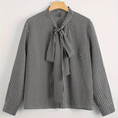  Houndstooth Print Bow Knot Blouse Long Sleeve Top
