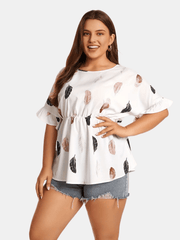  Feather Print Ruffle Trim Criss Cross Short Sleeve Tee