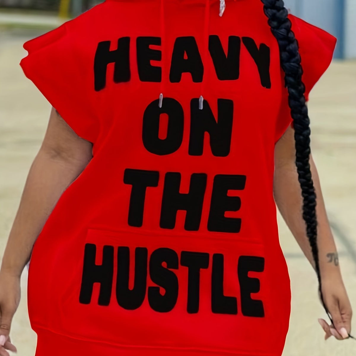  Slogan Print Drawstring Cap Sleeve Mini Hoodie Dress
