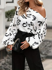  Graffiti Print One Shoulder Lantern Sleeve Top