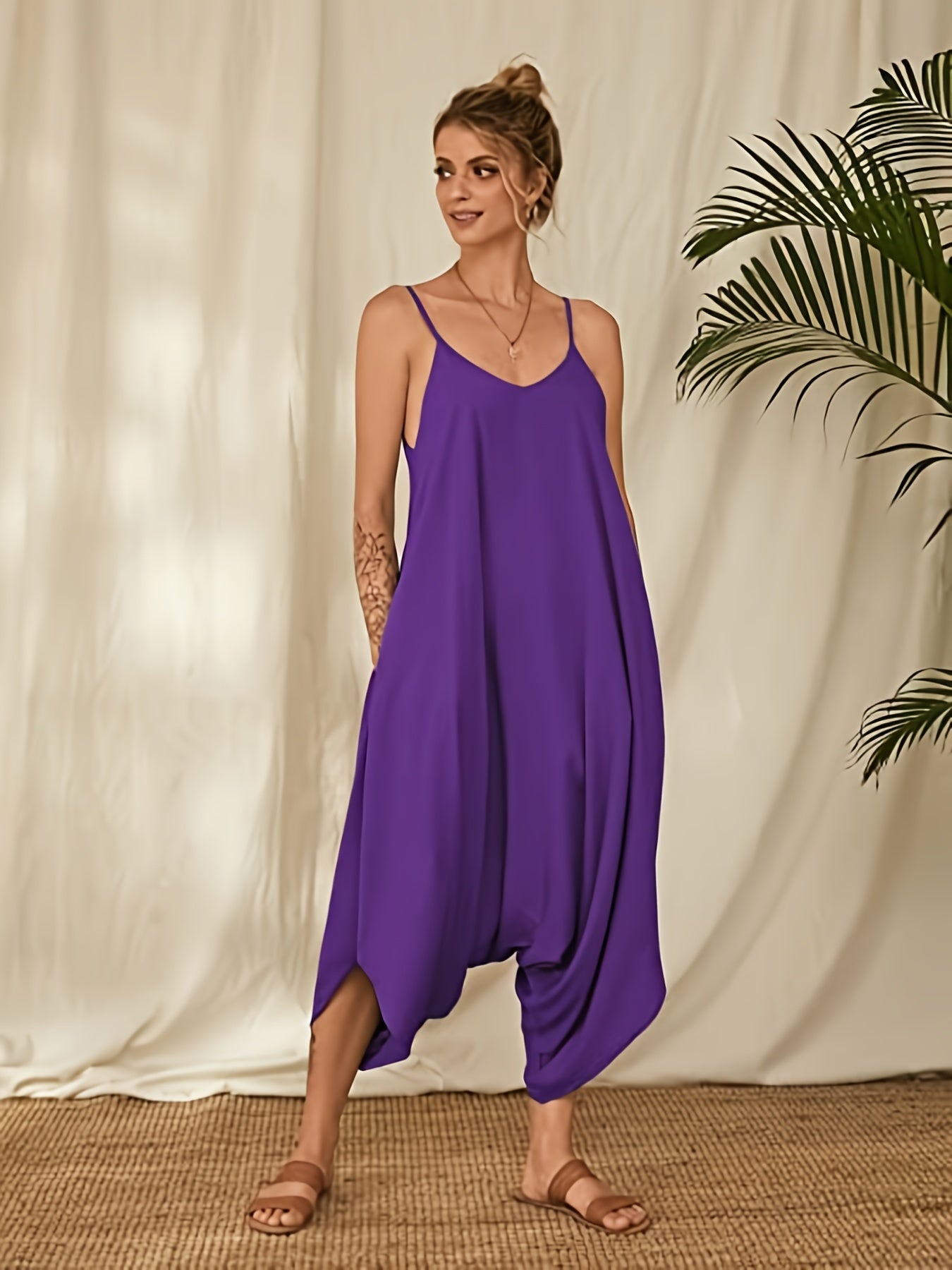 Boho Loose Solid Spaghetti Strap Jumpsuit Casual Sleeveless