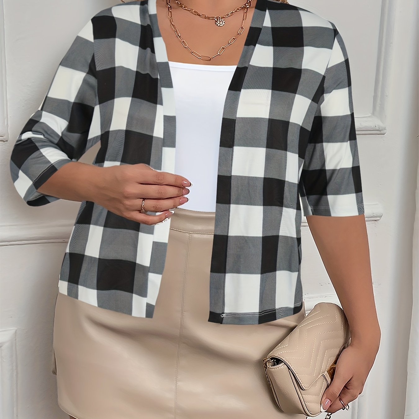  Plaid Print Half Sleeve Open Front Cardigan