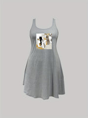  Cats Print Scoop Neck Tank Sleep Dress