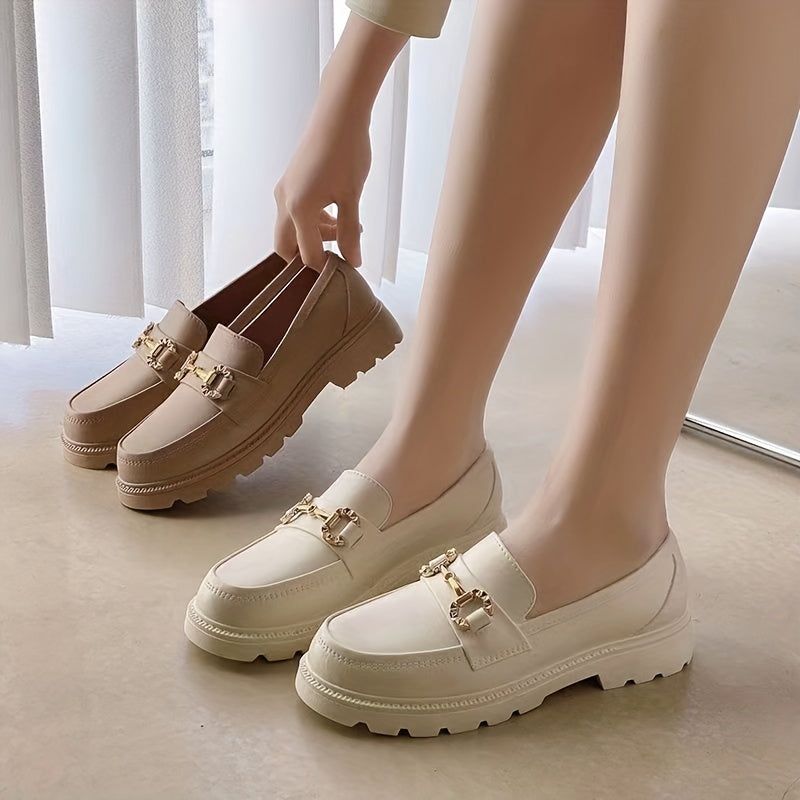 Women's Platform Loafers Slip On Shoes Retro Buckle Decor