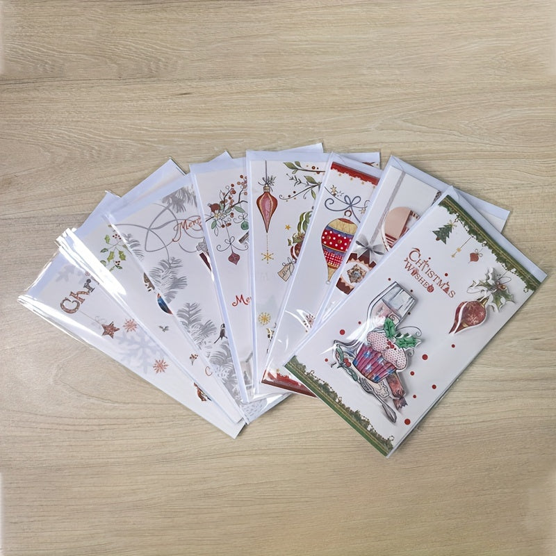 8pcs Merry Christmas Greeting Cards Envelopes Golden Stamping Applique DIY Xmas